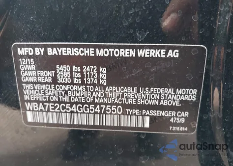 2016 BMW 740I из США, поврежденный, VIN WBA7E2C54GG547550